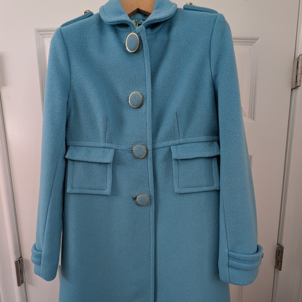 Vintage Banana Republic Wool Blend Coat Light Blue Floral Lining Epaulets Size M